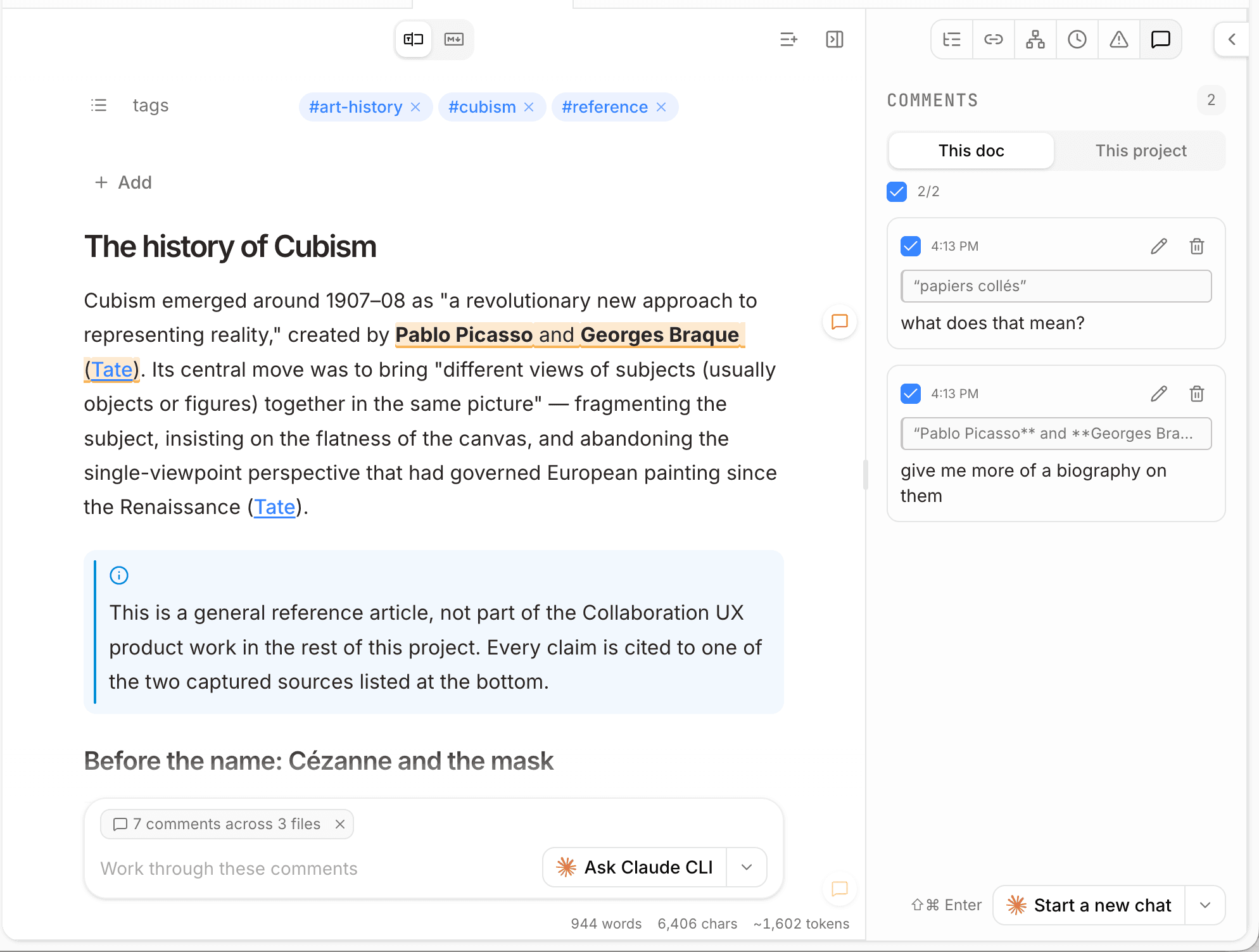 The Comments panel listing two comments on the open document, each showing the passage it quotes and a checkbox for the next batch, beside the highlighted passage and its margin marker in the editor