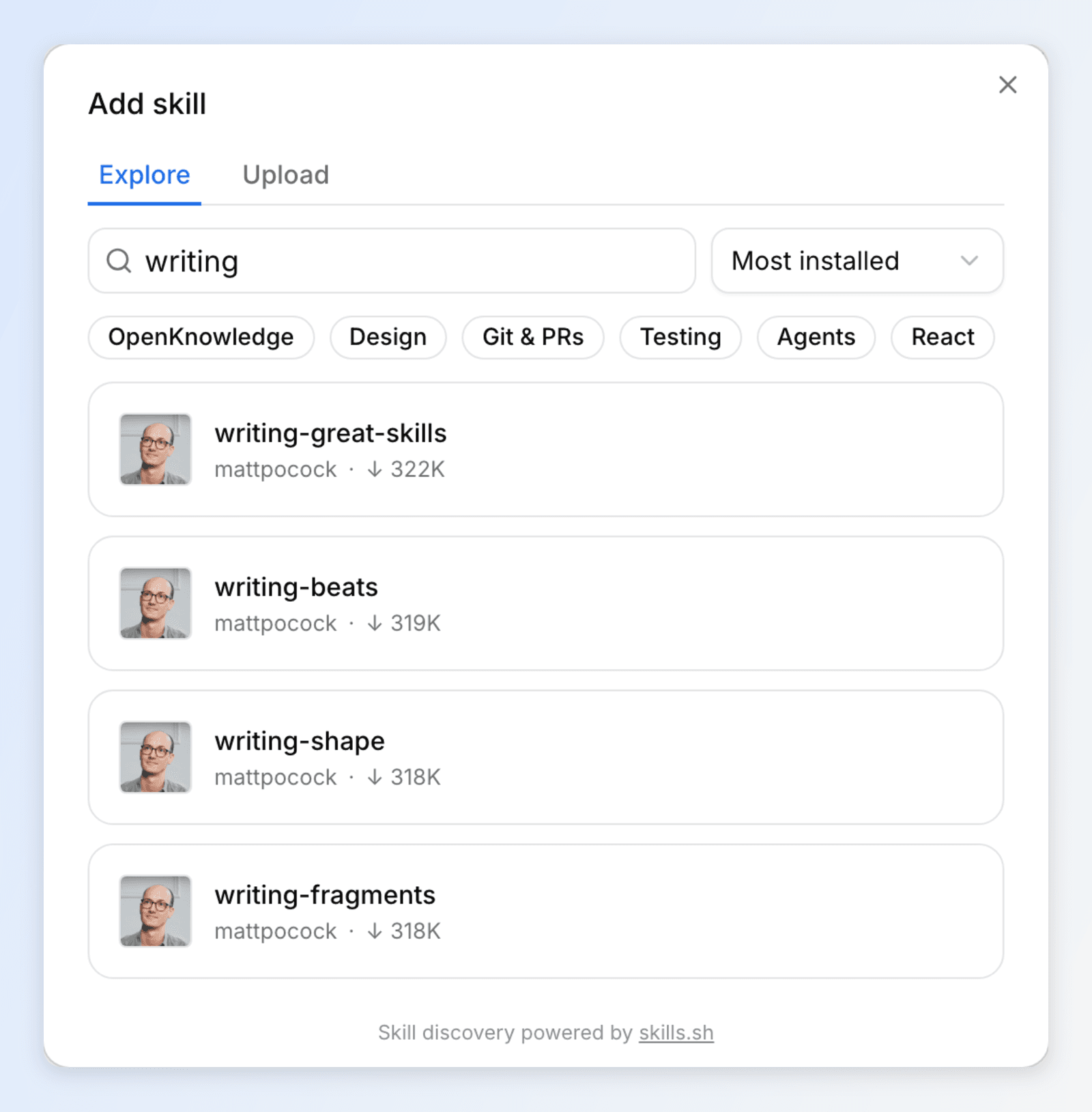 The Add skill dialog with Explore selected and results for a writing search.