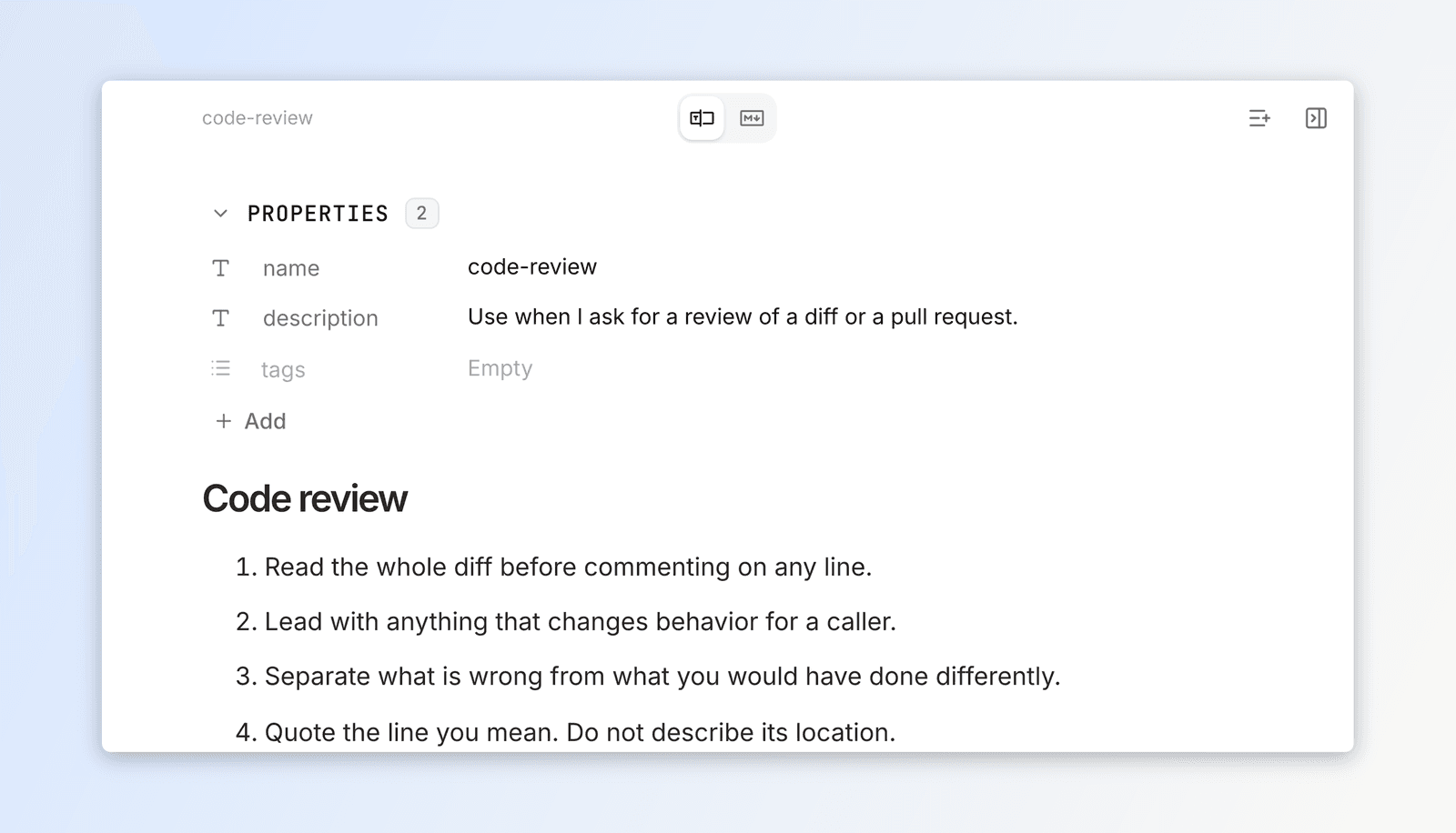 A SKILL.md from a skills repository open as an ordinary page, its name and description shown as properties above the instructions.