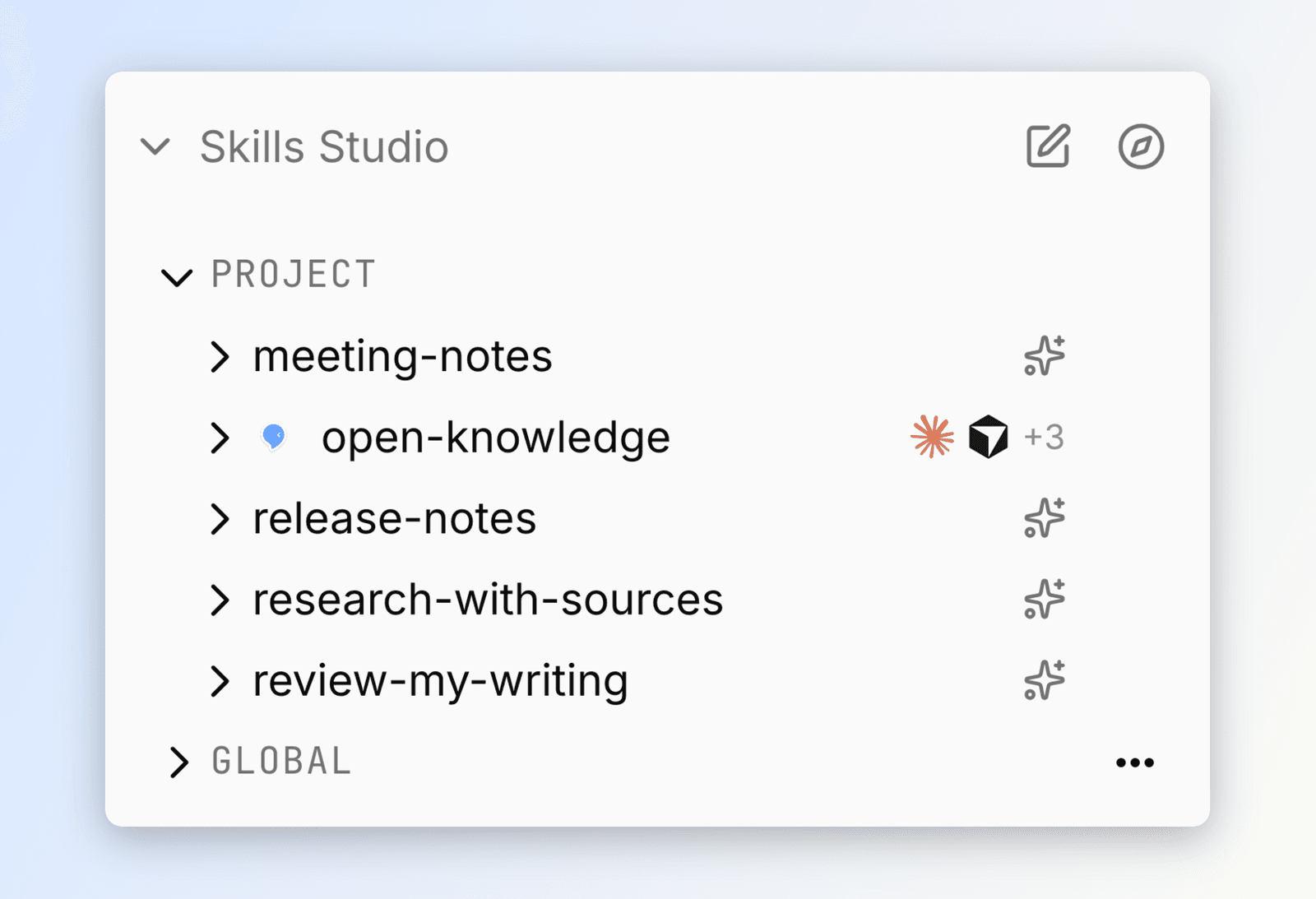 The Skills Studio dock with New skill and Explore skills in its header, listing project skills above global ones.