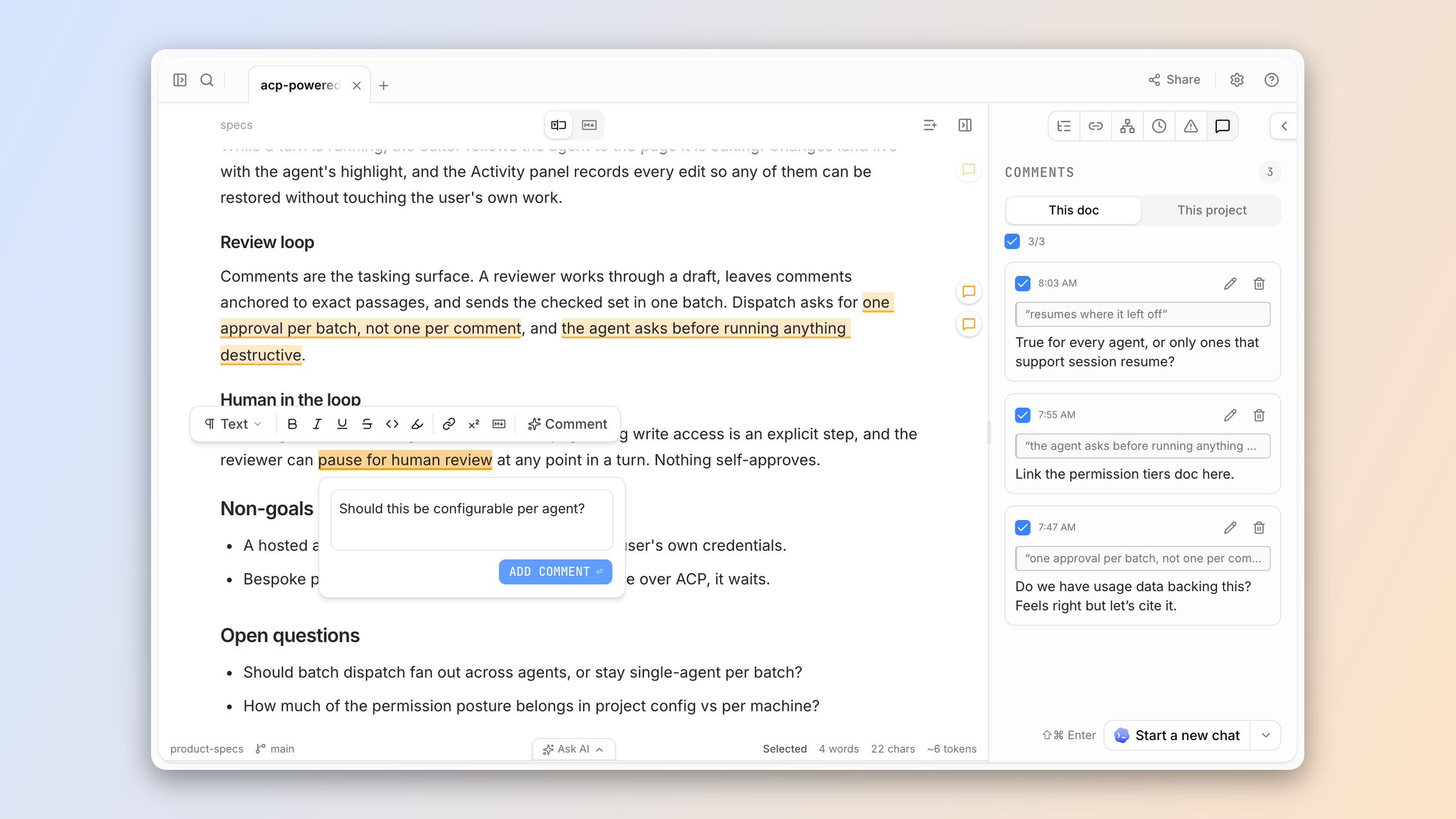 Adding a comment to a spec, with three queued comments waiting in the Comments panel