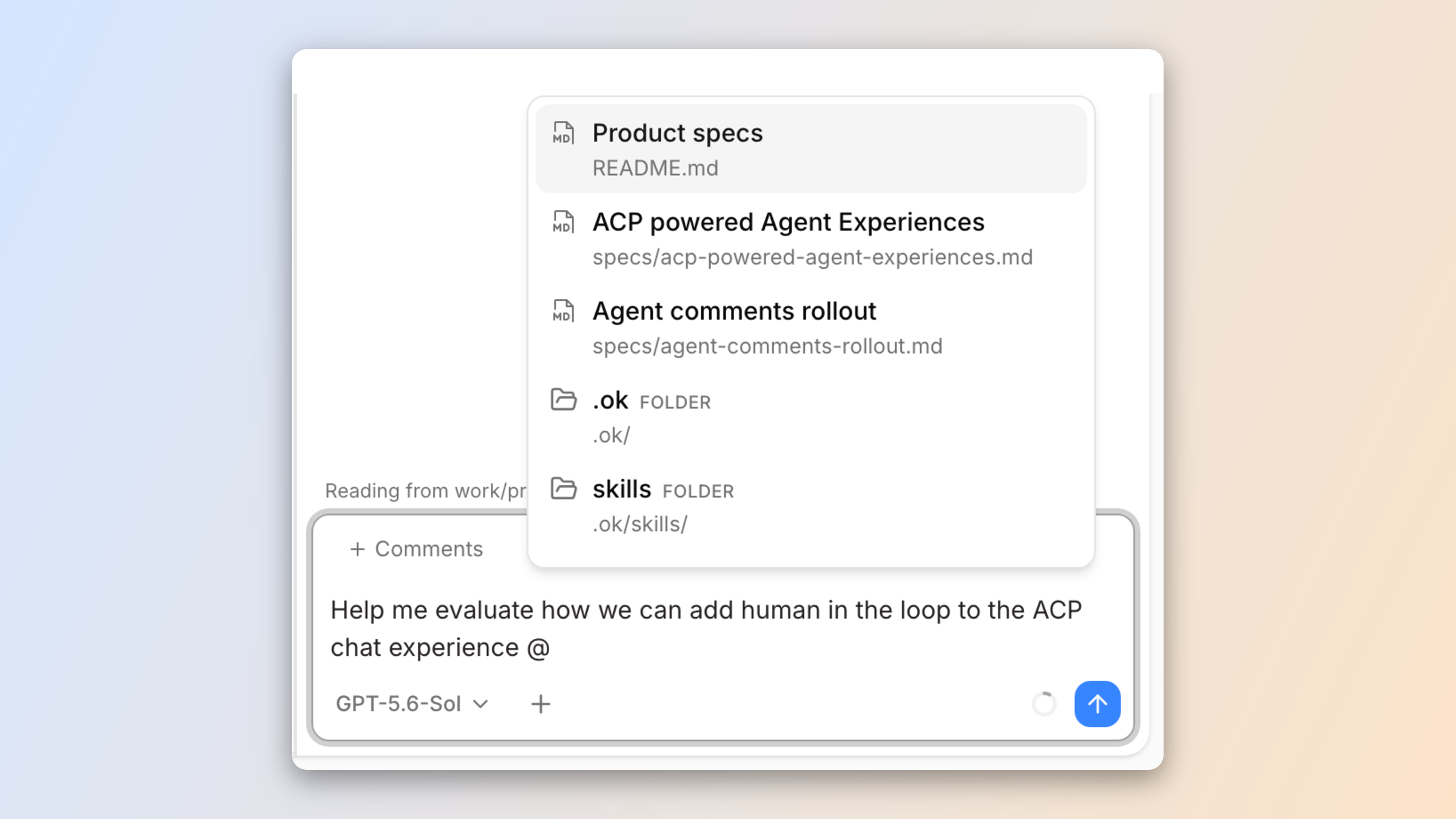 The agent composer with a drafted message and the @ file picker open