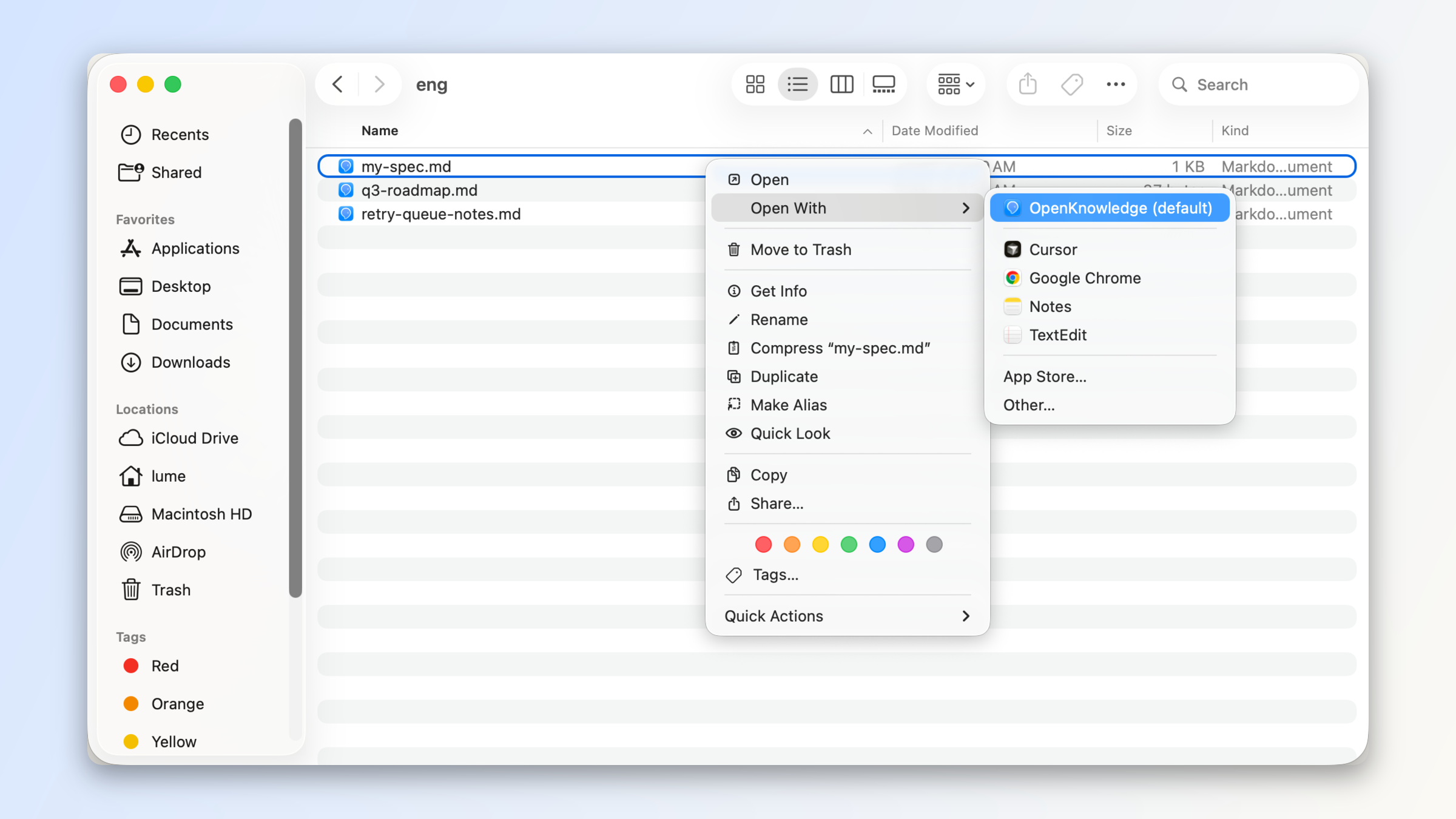 OpenKnowledge in the Open With menu for a markdown file