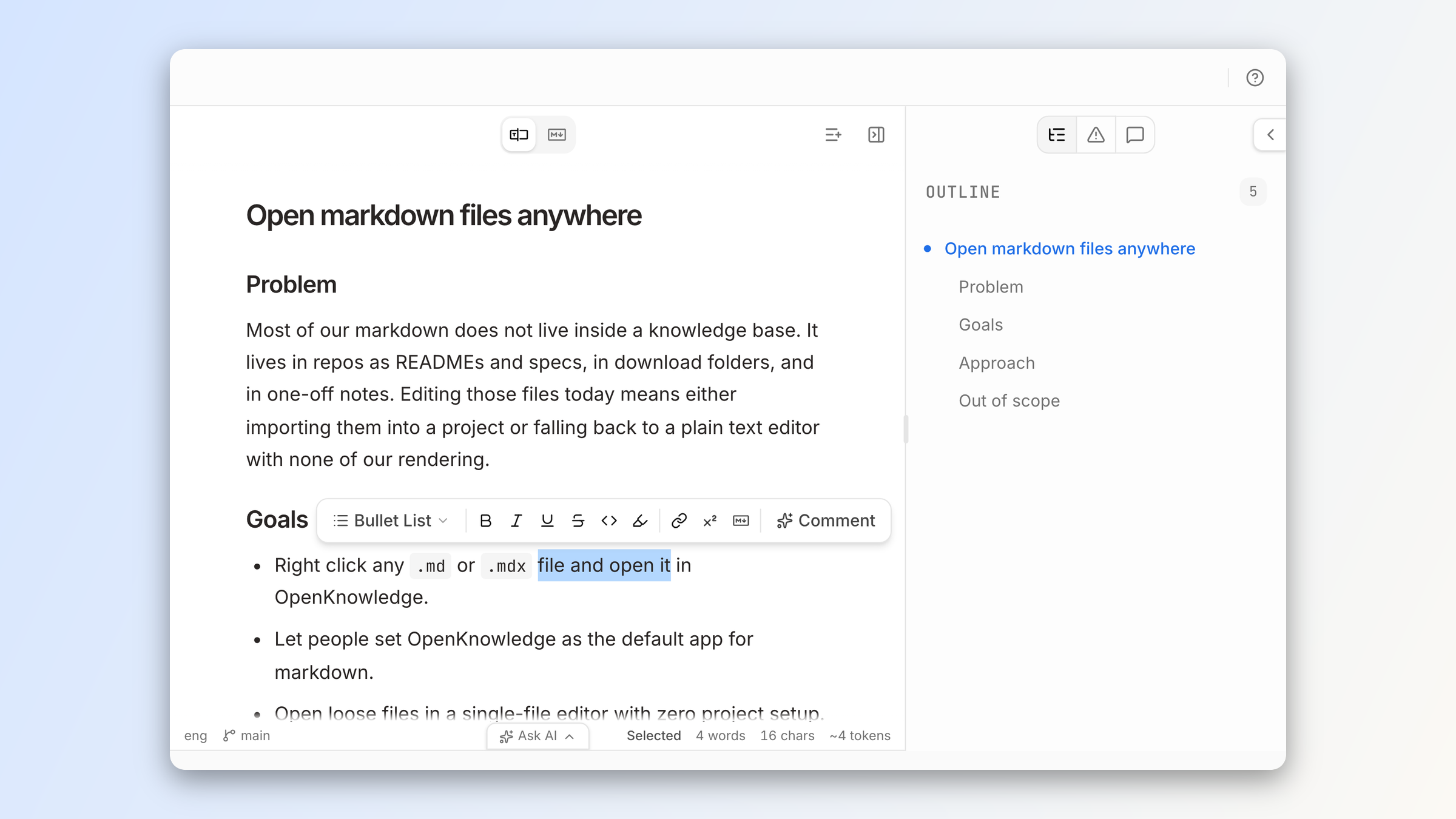 A loose markdown file open in the single-file editor