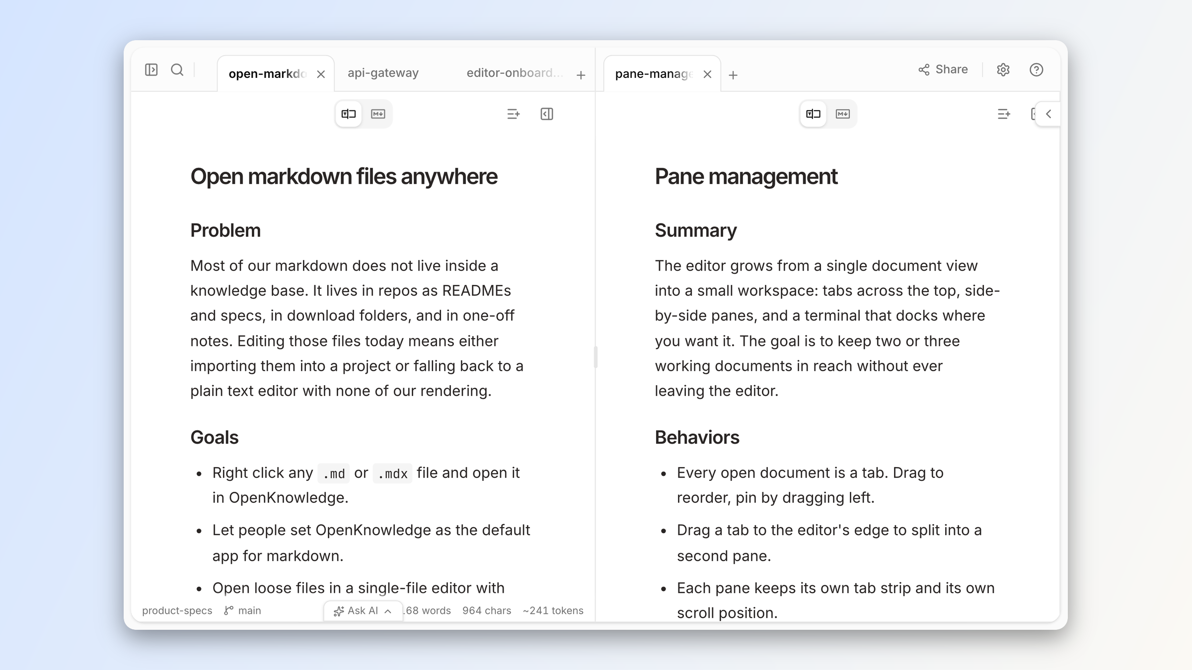Split panes with tabs: several files open on the left, a second file on the right